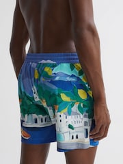 Reiss Blue Multi Lake Reiss | Ché Bespoke Print Drawstring Swim Shorts - Image 6 of 6