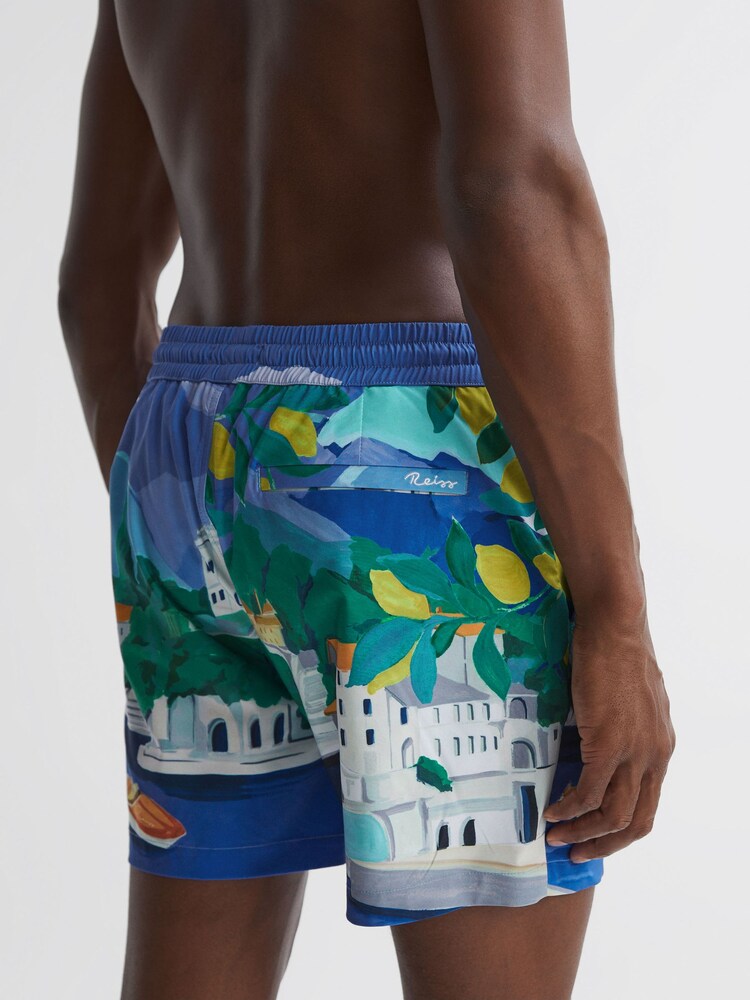 Reiss Blue Multi Lake Reiss | Ché Bespoke Print Drawstring Swim Shorts - Image 6 of 6