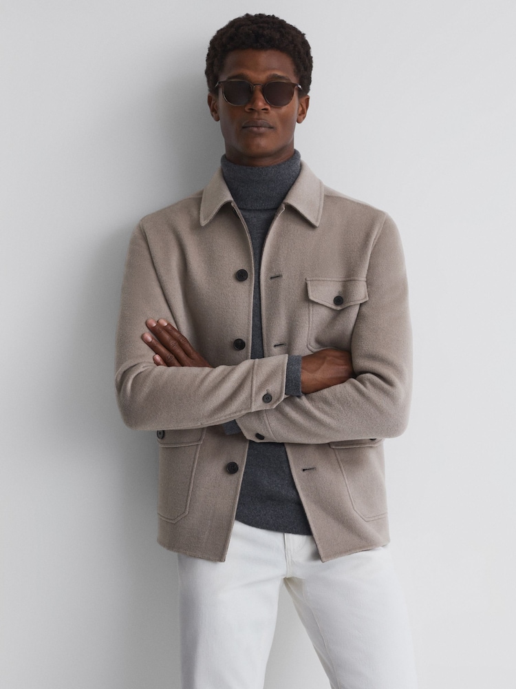 Reiss Mushroom Brown Mast Wool Button Through Jacket - Image 1 of 4