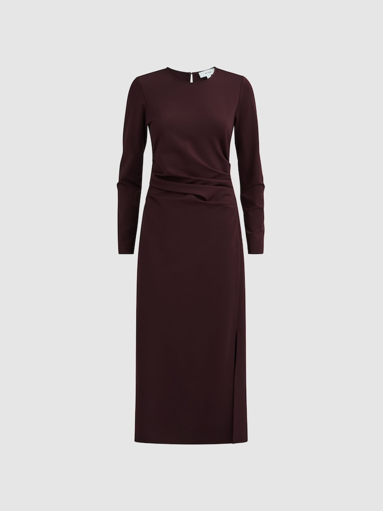 Reiss Burgundy Anais Ruched Bodycon Midi Dress - Image 2 of 5