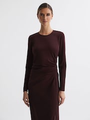 Reiss Burgundy Anais Ruched Bodycon Midi Dress - Image 3 of 5
