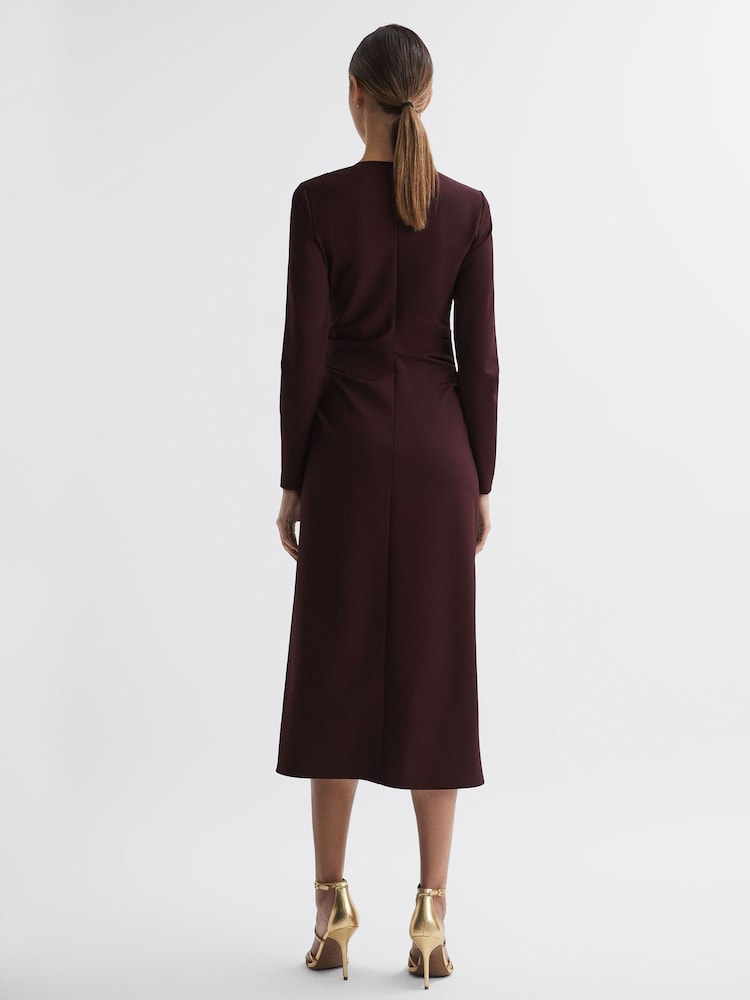 Reiss Burgundy Anais Ruched Bodycon Midi Dress - Image 5 of 5
