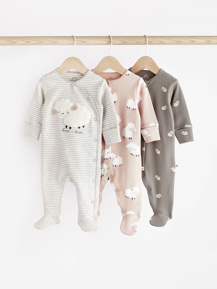 Grey Sheep Baby Delicate Appliqué 100% Cotton Sleepsuits 3 Pack (0mths-2yrs) - Image 1 of 10