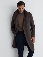 Reiss Brown Date Wool Check Double Breasted Coat - Image 1 of 5