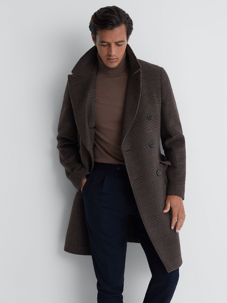Reiss Brown Date Wool Check Double Breasted Coat - Image 1 of 5