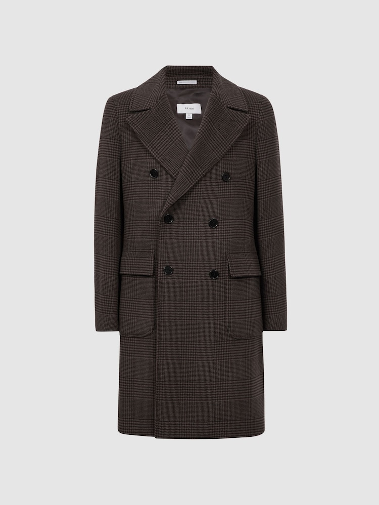 Reiss Brown Date Wool Check Double Breasted Coat - Image 2 of 5