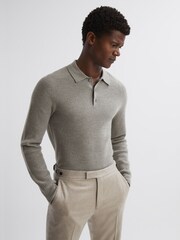 Reiss Sage Melange Holms Wool Long Sleeve Polo Shirt - Image 1 of 5