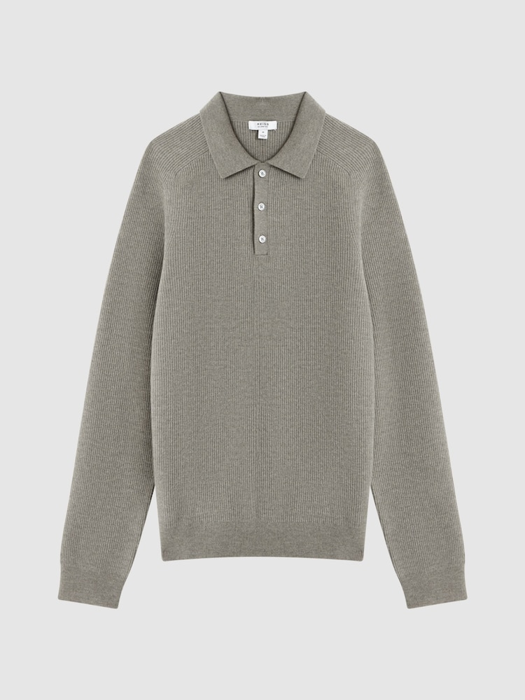 Reiss Sage Melange Holms Wool Long Sleeve Polo Shirt - Image 2 of 5