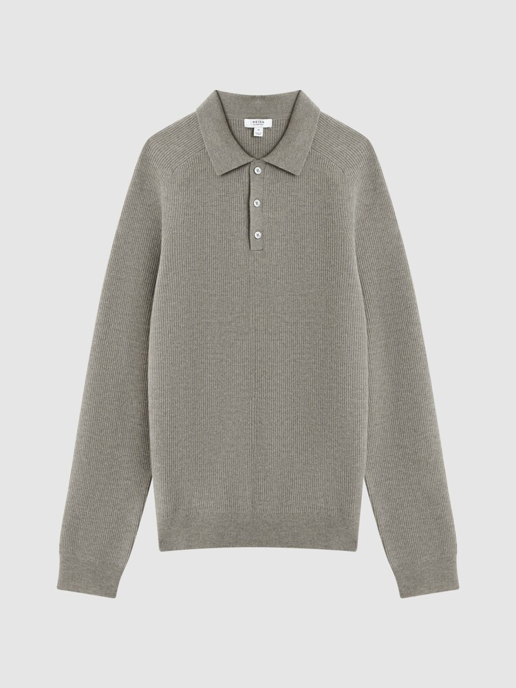 Reiss Sage Melange Holms Wool Long Sleeve Polo Shirt - Image 2 of 5 Reiss Sage Melange Holms Wool Long Sleeve Polo Shirt - Image 2 of 5