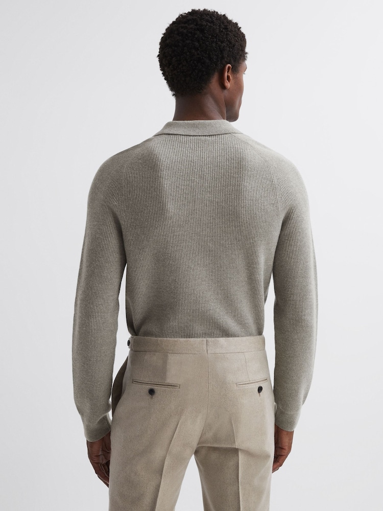 Reiss Sage Melange Holms Wool Long Sleeve Polo Shirt - Image 5 of 5 Reiss Sage Melange Holms Wool Long Sleeve Polo Shirt - Image 5 of 5
