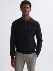 Reiss Navy Holms Wool Long Sleeve Polo Shirt - Image 1 of 5
