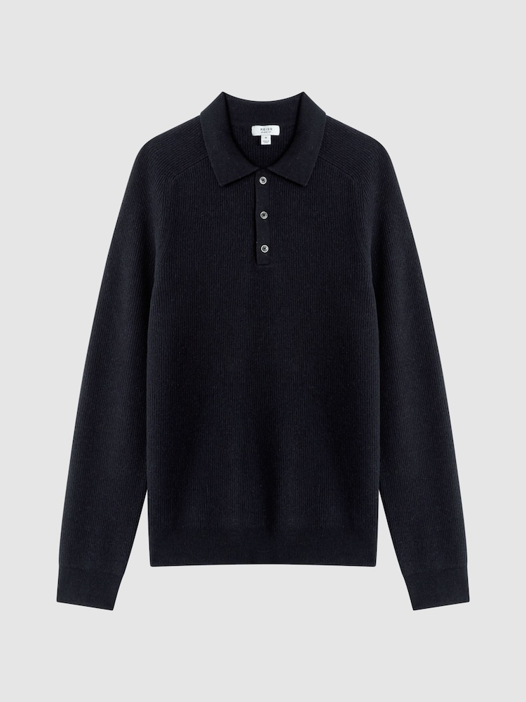 Reiss Navy Holms Wool Long Sleeve Polo Shirt - Image 2 of 5