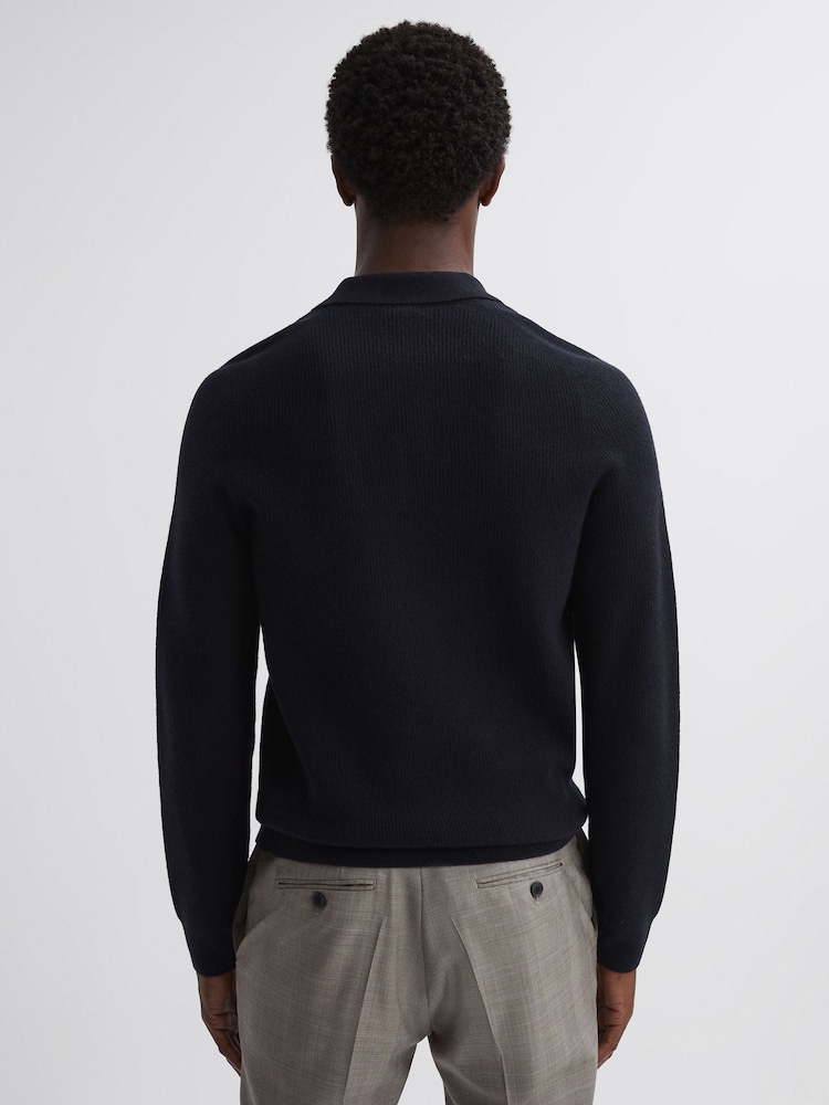 Reiss Navy Holms Wool Long Sleeve Polo Shirt - Image 5 of 5