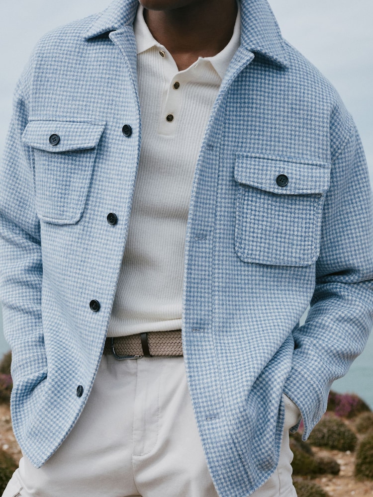Reiss Soft Blue/White Zack Houndstooth Button-Through Overshirt - Image 1 of 5