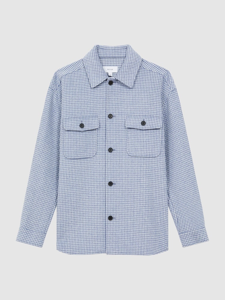 Reiss Soft Blue/White Zack Houndstooth Button-Through Overshirt - Image 2 of 5