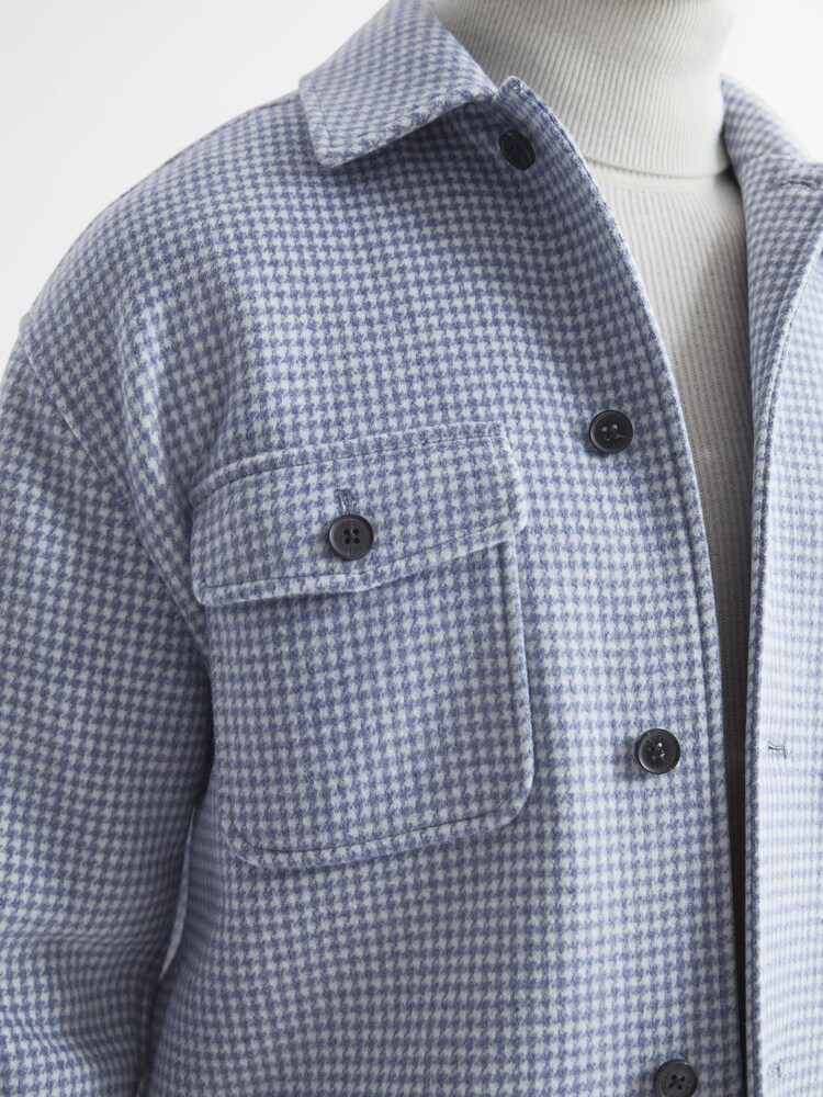 Reiss Soft Blue/White Zack Houndstooth Button-Through Overshirt - Image 5 of 5
