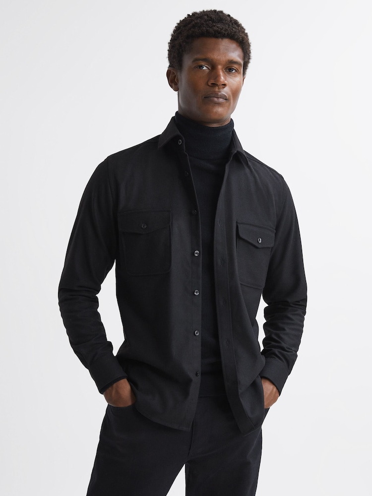 Reiss Black Chaser Button-Through Twin Pocket Overshirt - Image 1 of 5