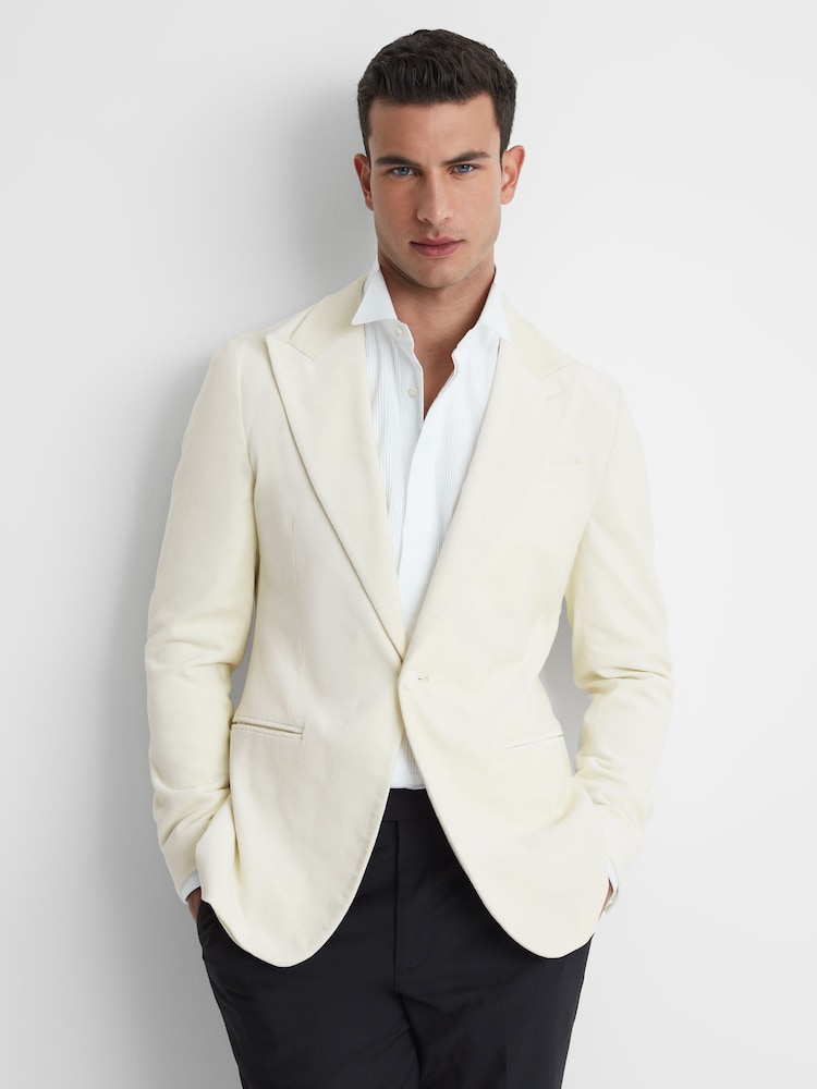 Reiss White Apsara Slim Fit Velvet Single Breasted Blazer - Image 1 of 8