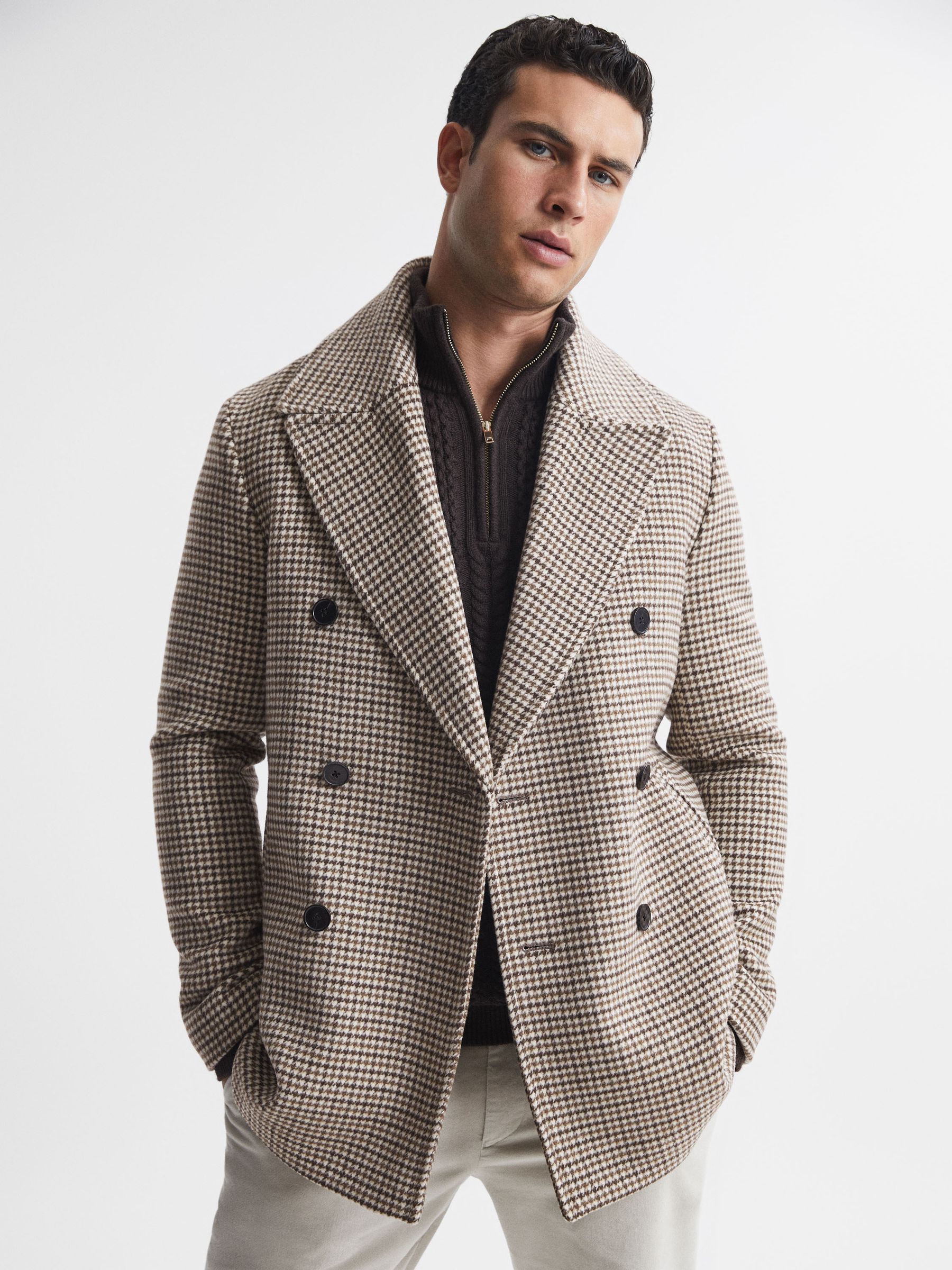 Buy Reiss Oatmeal Albert Wool Dogtooth Double Breasted Coat from Next Luxembourg