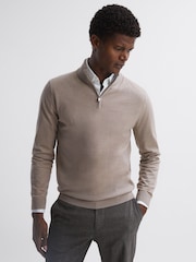 Reiss Mink Blackhall Merino Wool Half-Zip Funnel Neck Jumper - Image 1 of 5