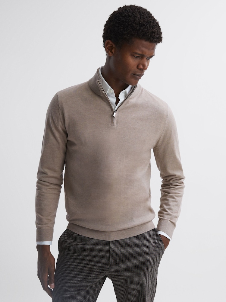 Reiss Mink Blackhall Merino Wool Half-Zip Funnel Neck Jumper - Image 1 of 5