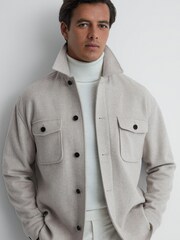 Reiss Oatmeal Liam Wool Blend Brushed Overshirt - Image 1 of 5