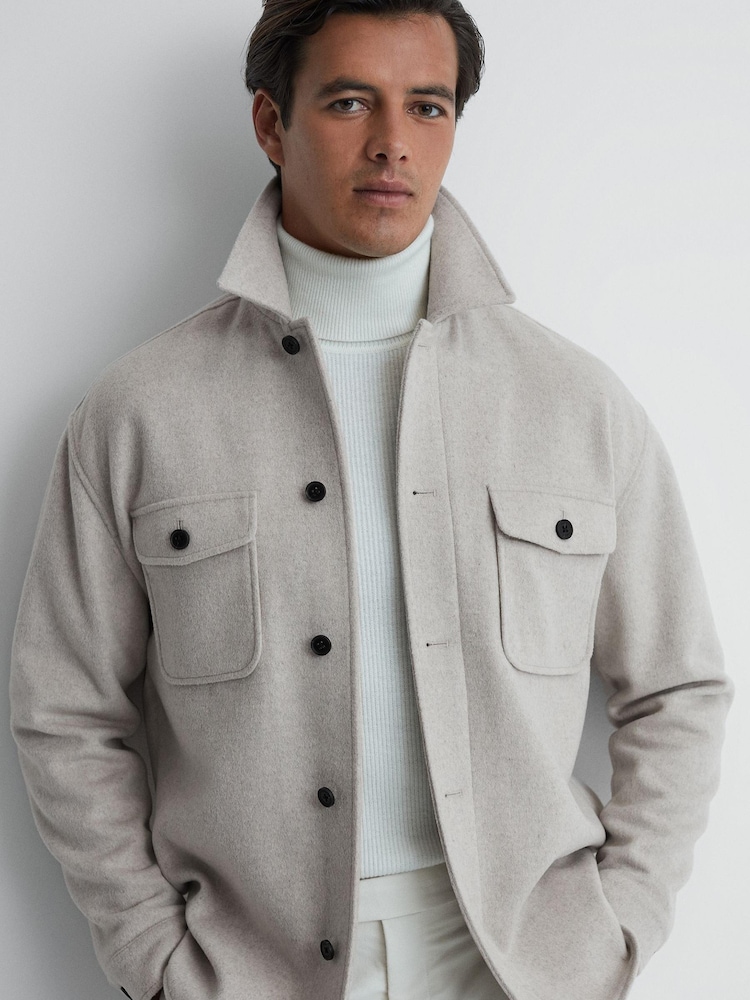 Reiss Oatmeal Liam Wool Blend Brushed Overshirt - Image 1 of 5