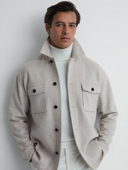 Reiss Oatmeal Liam Wool Blend Brushed Overshirt - Image 4 of 5