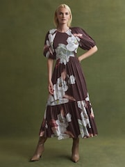 Florere Linen Silk Puff Sleeve Midi Dress - Image 5 of 6