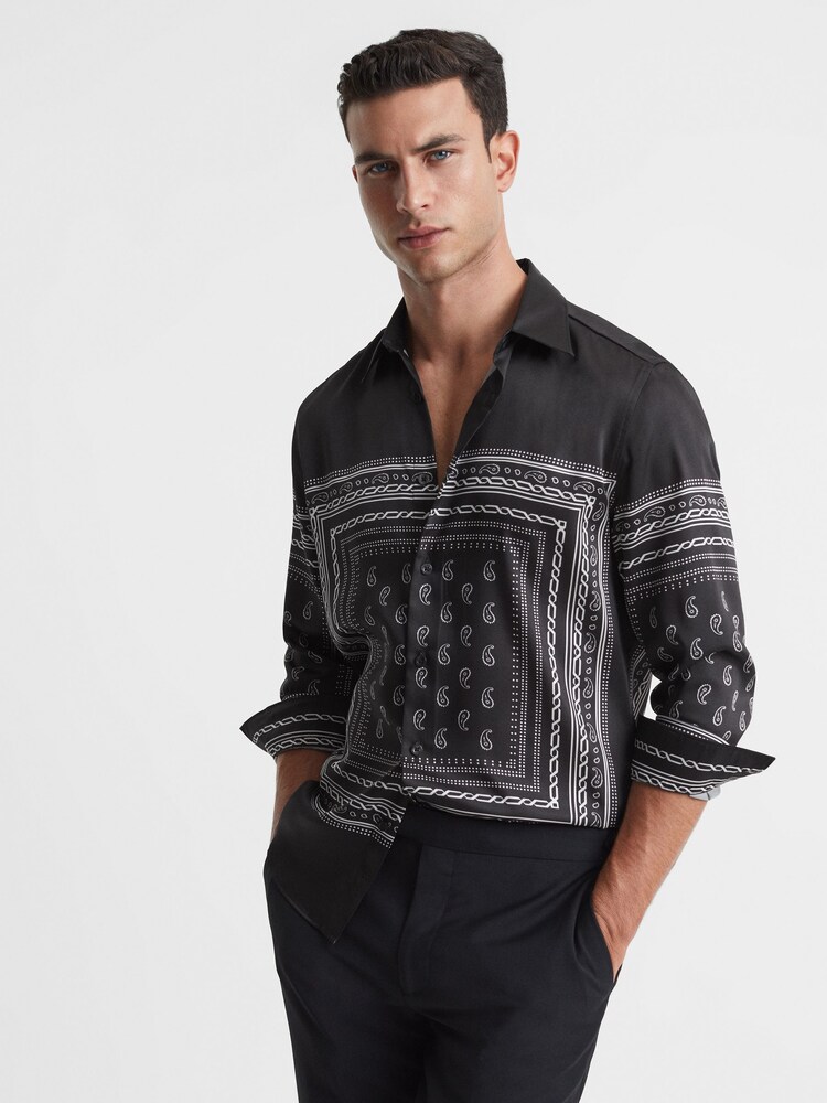 Reiss Black/White Gozo Paisley Button-Through Shirt - Image 1 of 4 Reiss Black/White Gozo Paisley Button-Through Shirt - Image 1 of 4