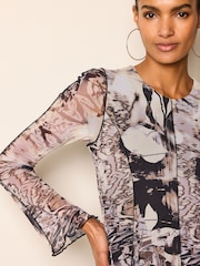 Neutral Digital Abstract Mesh Longsleeve Maxi Dress - Image 4 of 6