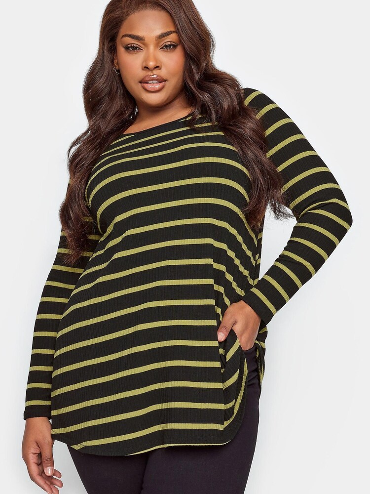 Yours Curve Black Long Sleeve Ribbed Swing Stripe Top - Image 1 of 4