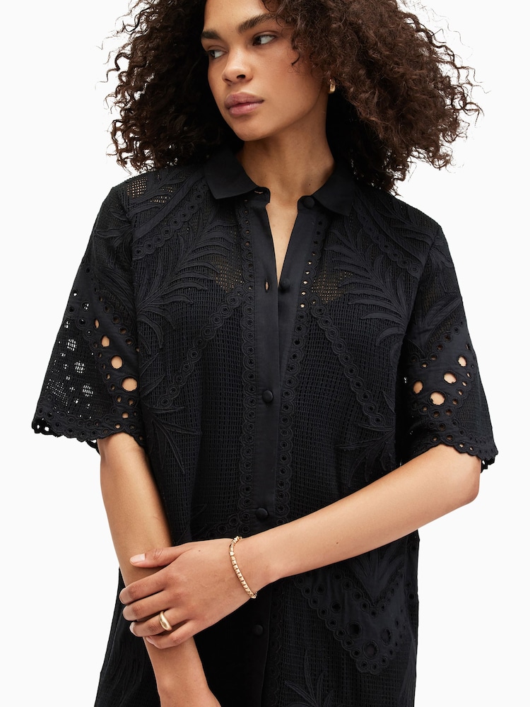 AllSaints Black 100% Cotton Meria Broderie Dress - Image 2 of 7