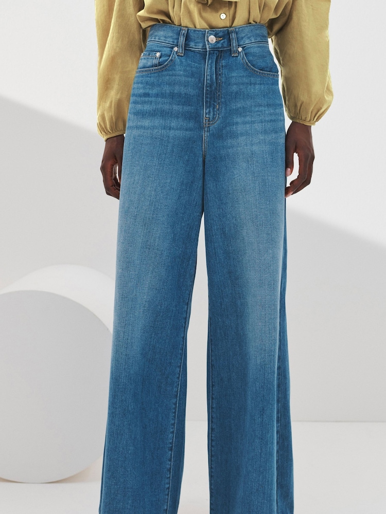 Denim Dark Blue 100% Cotton Palazzo Wide Leg Jeans - Image 2 of 6