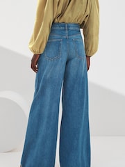Denim Dark Blue 100% Cotton Palazzo Wide Leg Jeans - Image 3 of 6