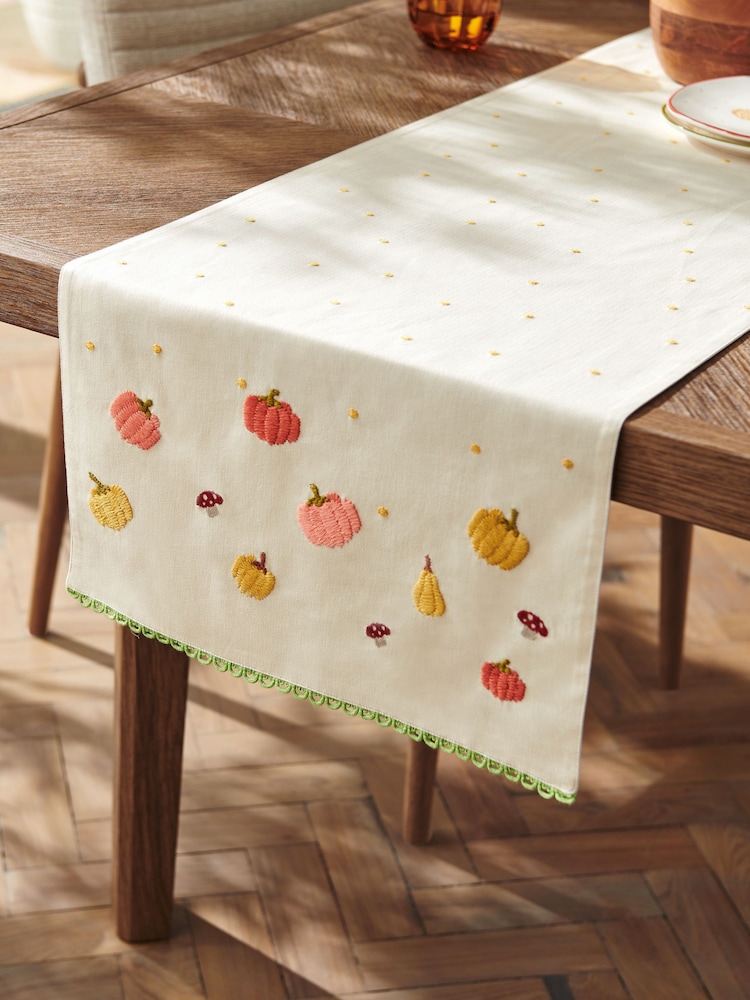 Natural Embroidered Pumpkin 100% Cotton Table Runner - Image 1 of 3 Natural Embroidered Pumpkin 100% Cotton Table Runner - Image 1 of 3