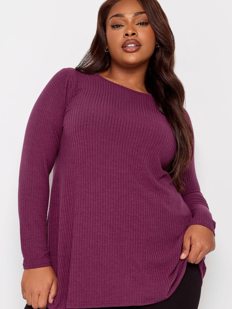 Yours Curve Purple Long Sleeve Ribbed Swing Top - Image 1 of 4