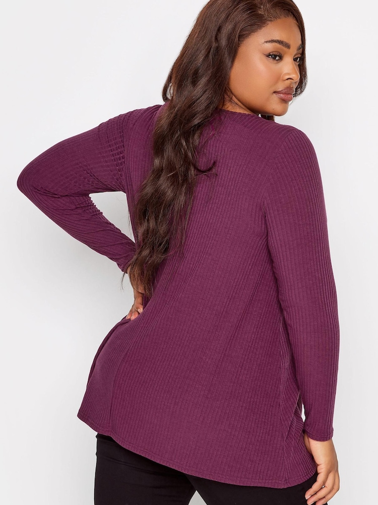 Yours Curve Purple Long Sleeve Ribbed Swing Top - Image 2 of 4