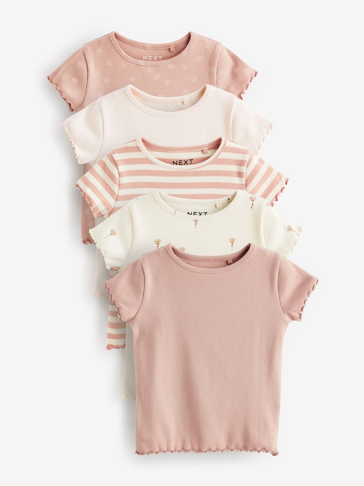 Pink Ditsy Rib Short Sleeve T-Shirts 5 Pack (3mths-7yrs) - Image 1 of 3