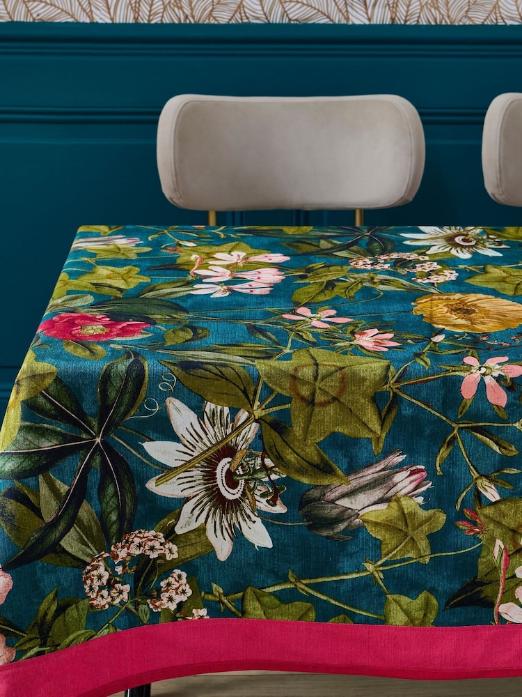 Clarke & Clarke Kingfisher Teal Blue Passiflora Table Cloth - Image 2 of 3