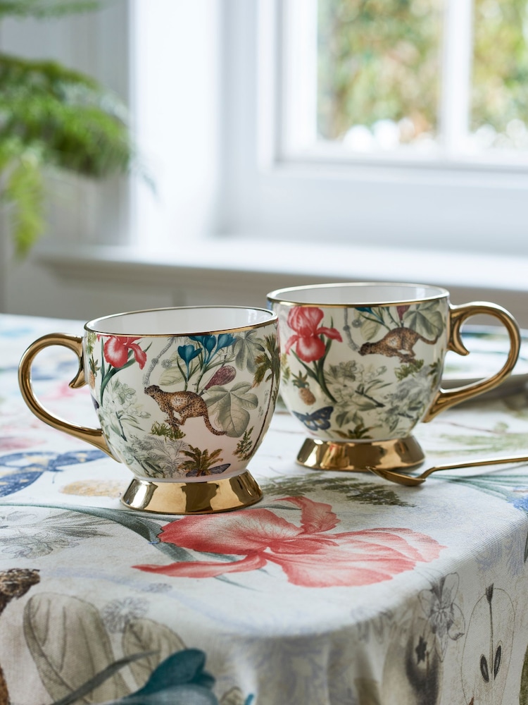 Clarke & Clarke Set of 2 Tropical Green/Natural Florence Footed Mugs - Image 1 of 2