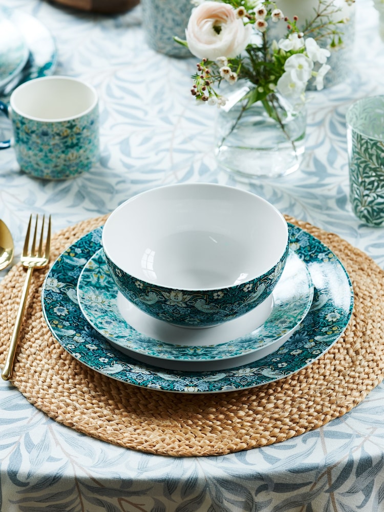 Clarke and Clarke Teal Blue William Morris Designs Strawberry Thief 12 Piece Dinner Set - Image 1 of 3
