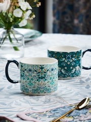 Clarke and Clarke Set of 2 Teal Blue William Morris Designs Strawberry Thief Stacking Mugs - Image 1 of 3