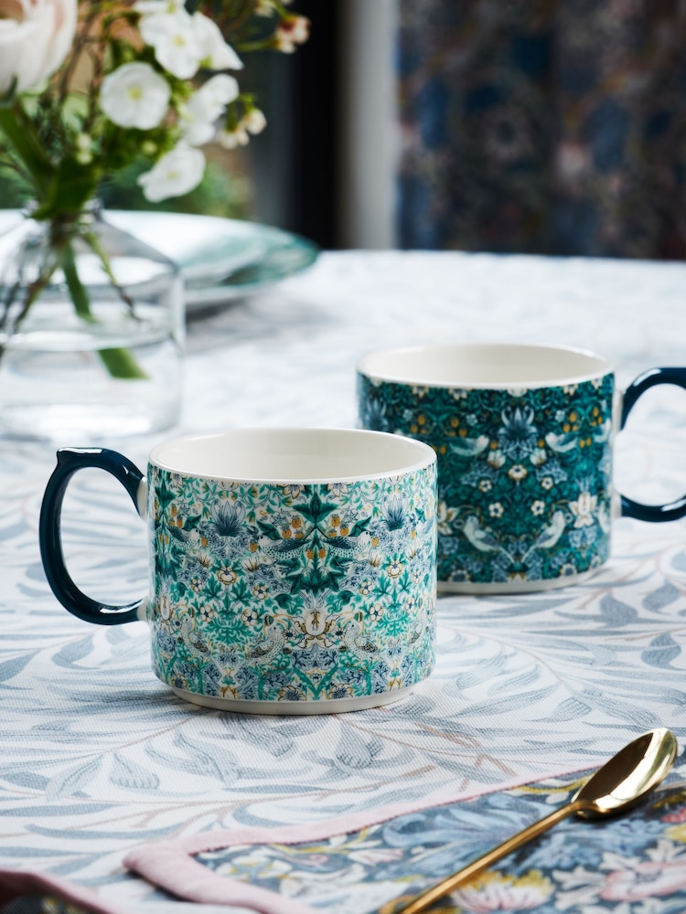Clarke and Clarke Set of 2 Teal Blue William Morris Designs Strawberry Thief Stacking Mugs - Image 1 of 3