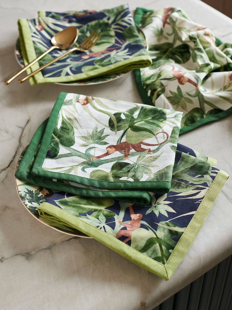 Clarke & Clarke Cream/Indigo Blue Monkey Business Set of 4 Napkins - Image 1 of 2