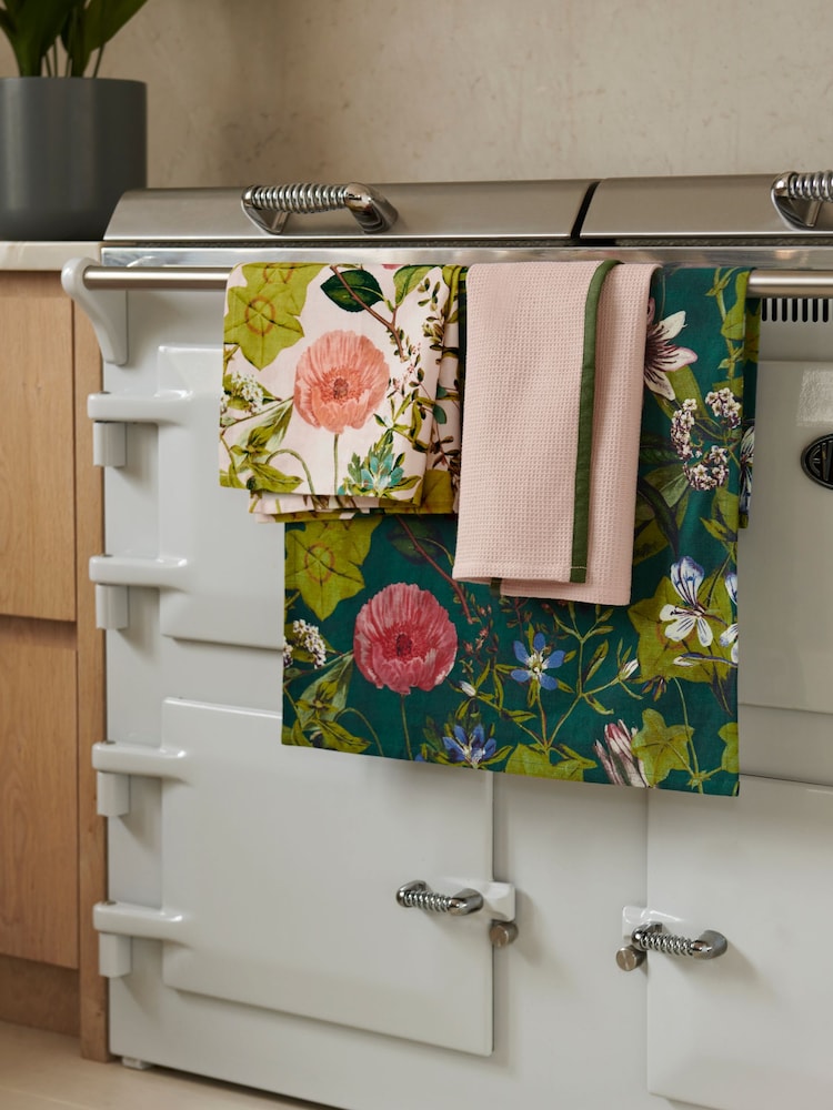 Clarke and Clarke Set of 3 Blush Pink & Emerald Green Passiflora 100% Cotton Tea Towels - Image 1 of 2