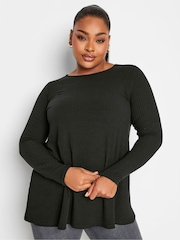 Yours Curve Black Long Sleeve Ribbed Swing Top - Image 1 of 4