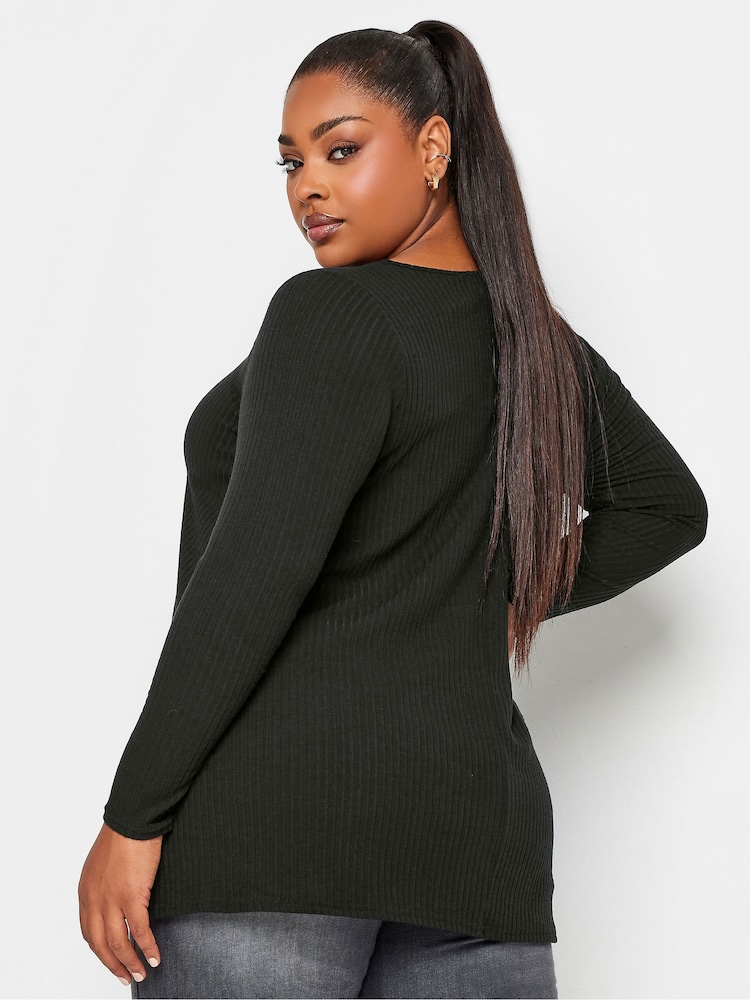 Yours Curve Black Long Sleeve Ribbed Swing Top - Image 2 of 4