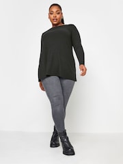 Yours Curve Black Long Sleeve Ribbed Swing Top - Image 3 of 4