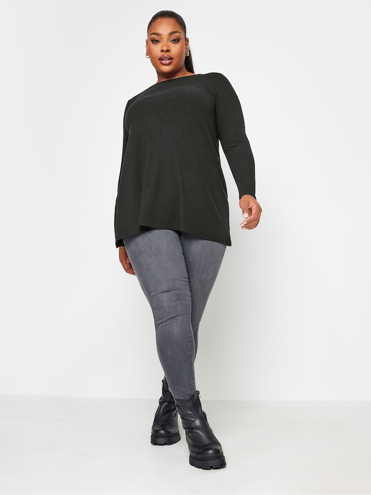 Yours Curve Black Long Sleeve Ribbed Swing Top - Image 3 of 4
